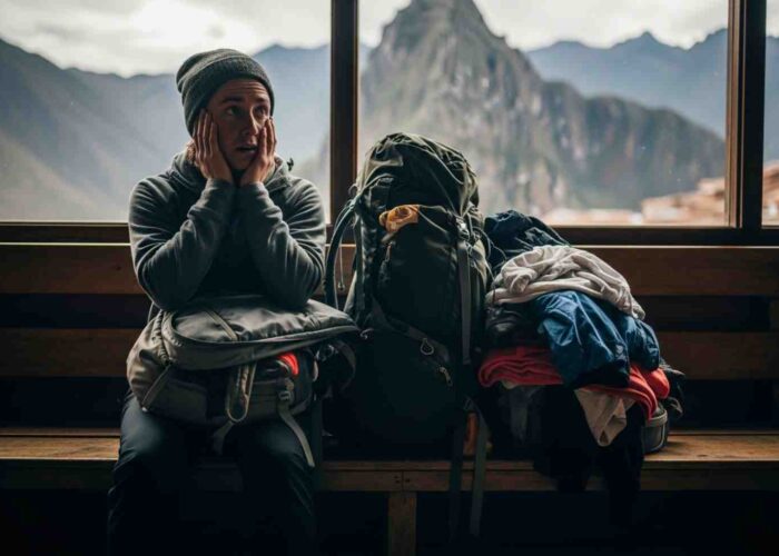 Un trekker revisando su mochila con cara de preocupación frente a una imponente montaña del Salkantay Trek, ilustrando los errores de equipaje