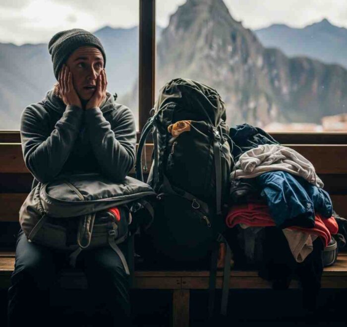 Un trekker revisando su mochila con cara de preocupación frente a una imponente montaña del Salkantay Trek, ilustrando los errores de equipaje