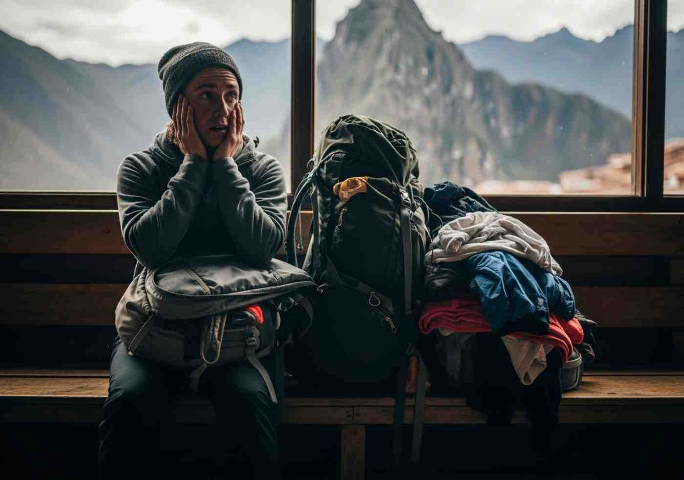 errores-equipaje-salkantay-trek Un trekker revisando su mochila con cara de preocupación frente a una imponente montaña del Salkantay Trek, ilustrando los errores de equipaje