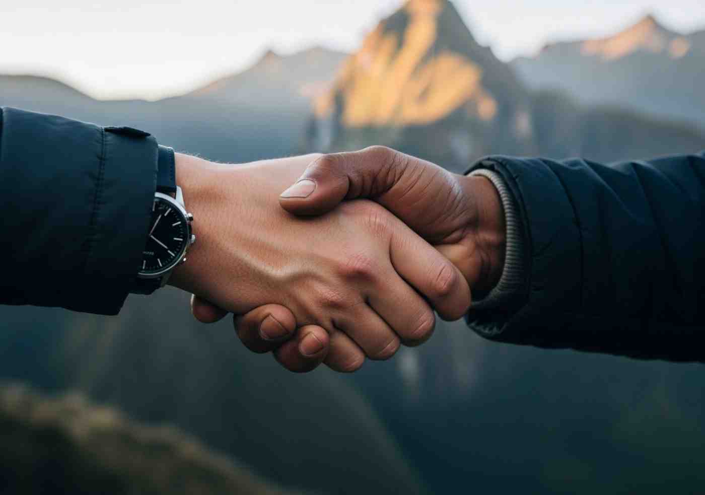 Un apretón de manos entre un viajero y un porteador en los Andes, simbolizando la ética de las propinas en el trekking en Perú