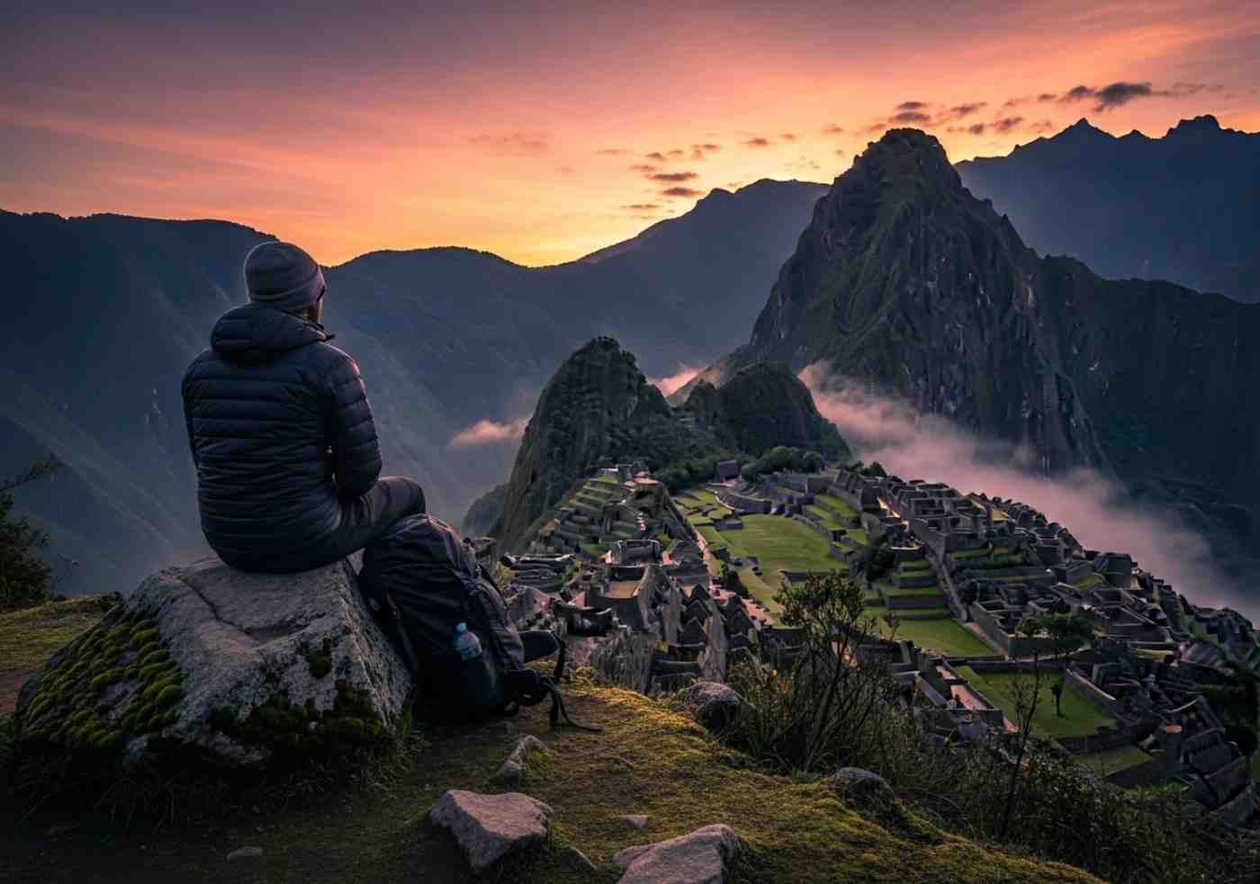 Un viajero viviendo una auténtica experiencia de trekking en Cusco, meditando solo frente a las montañas andinas