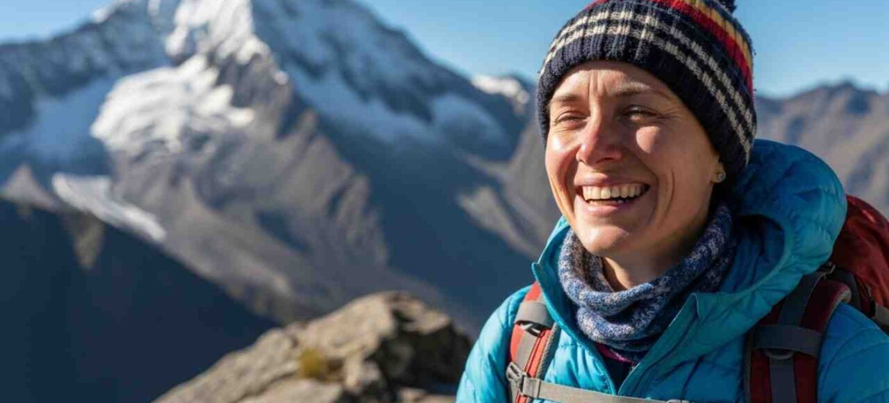 Una persona de aspecto normal pero determinado mirando la montaña nevada del Salkantay, demostrando la buena forma necesaria para el Salkantay