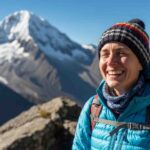 Una persona de aspecto normal pero determinado mirando la montaña nevada del Salkantay, demostrando la buena forma necesaria para el Salkantay