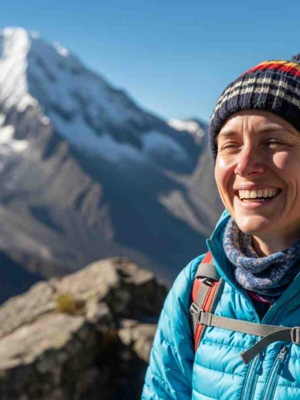 Una persona de aspecto normal pero determinado mirando la montaña nevada del Salkantay, demostrando la buena forma necesaria para el Salkantay