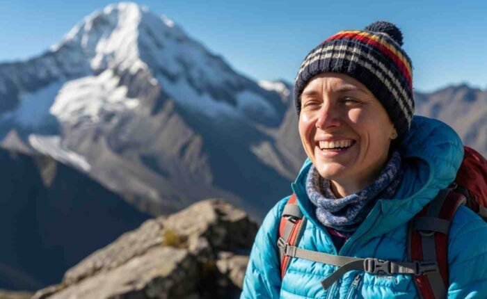 Una persona de aspecto normal pero determinado mirando la montaña nevada del Salkantay, demostrando la buena forma necesaria para el Salkantay