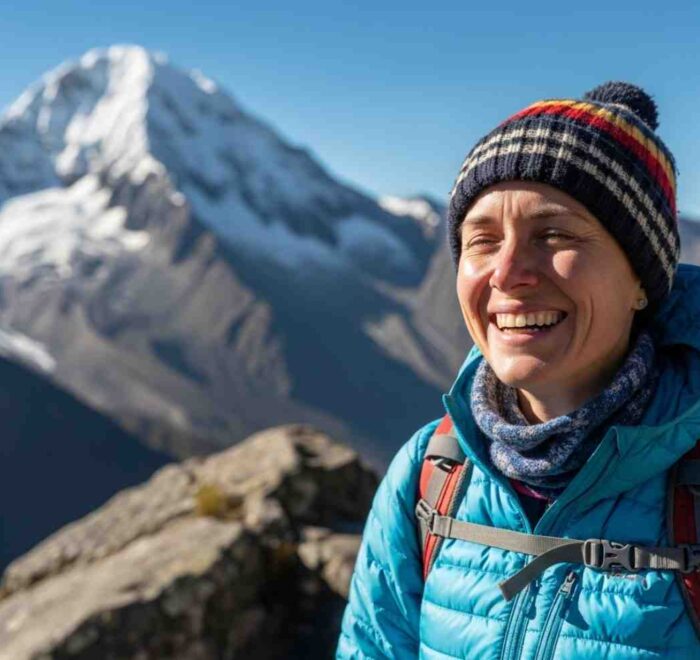 Una persona de aspecto normal pero determinado mirando la montaña nevada del Salkantay, demostrando la buena forma necesaria para el Salkantay