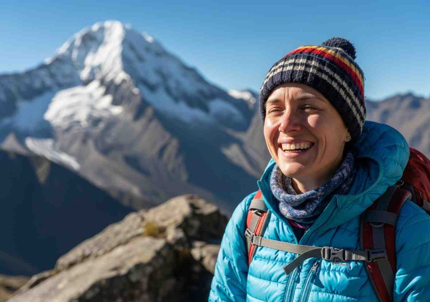 Una persona de aspecto normal pero determinado mirando la montaña nevada del Salkantay, demostrando la buena forma necesaria para el Salkantay