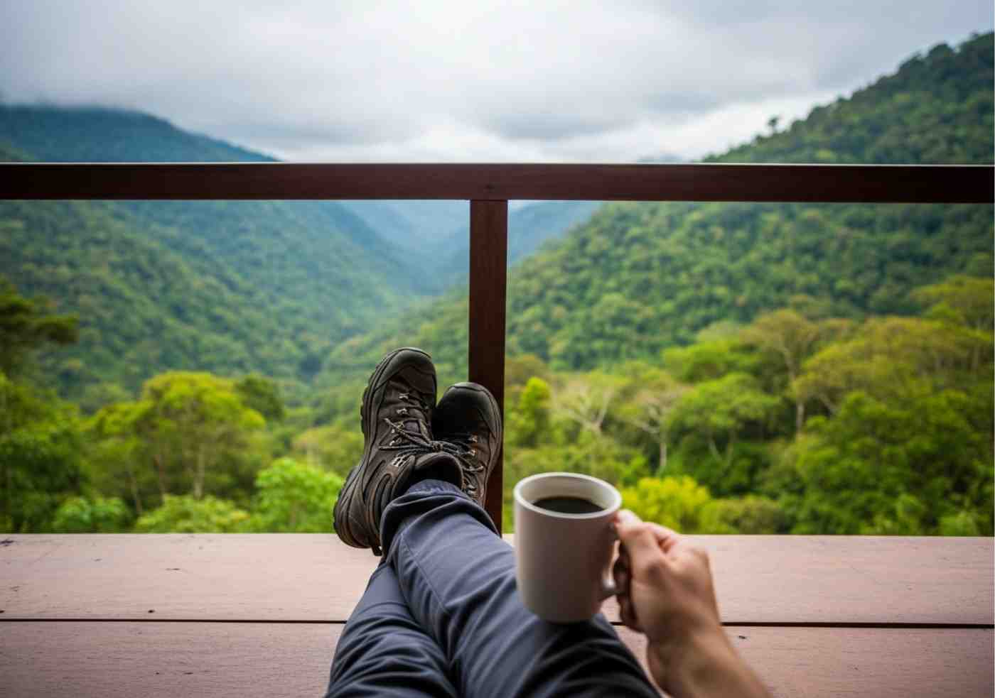 Viajero descansando en el balcón de un alojamiento confortable después de un día de aventura en el Inka Jungle