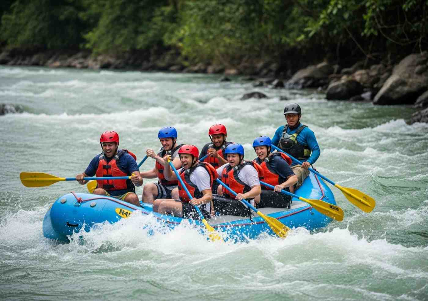 Grupo de viajeros en una balsa durante la etapa de canotaje en el río Vilcanota del tour Inka Jungle