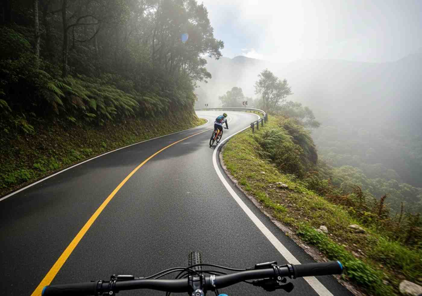 Un viajero disfrutando del famoso y accesible descenso de ciclismo del Inka Jungle por la carretera asfaltada del Abra Málaga, rodeado de un paisaje de selva nublada
