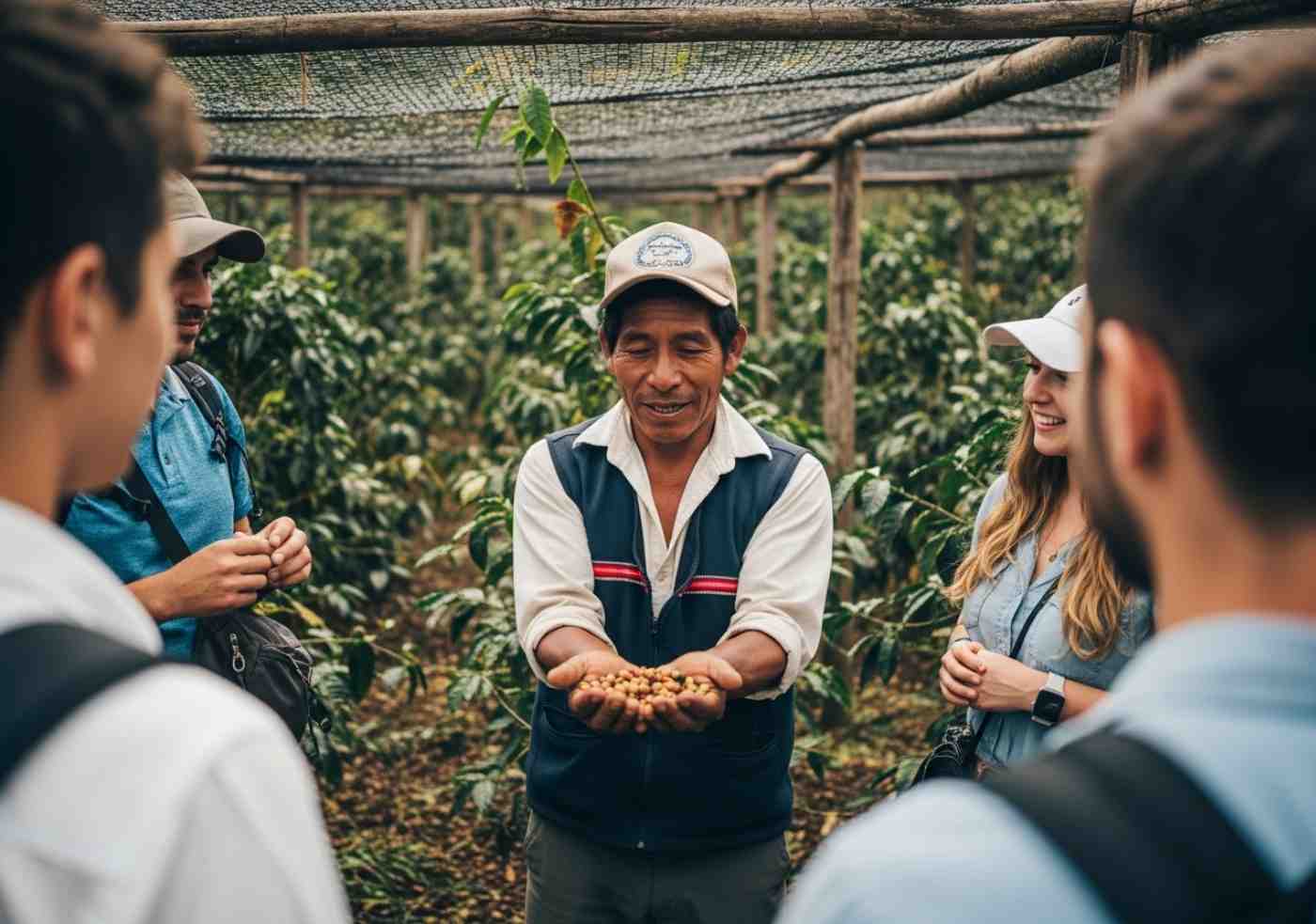 Un granjero local mostrando granos de café a un grupo de viajeros durante el Inka Jungle tour, destacando el aspecto cultural y la inmersión en la ruta