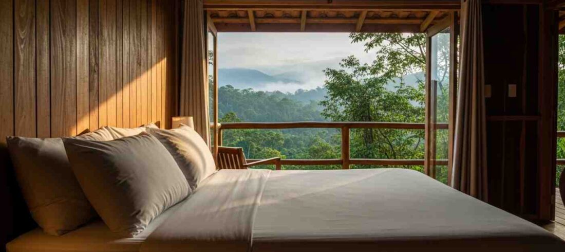 Cama cómoda en un lodge del tour Inka Jungle Premium, con vistas a la selva peruana