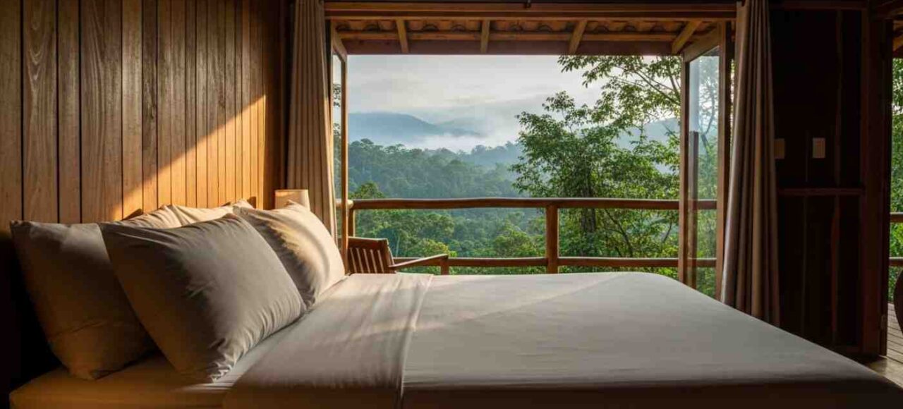 Cama cómoda en un lodge del tour Inka Jungle Premium, con vistas a la selva peruana