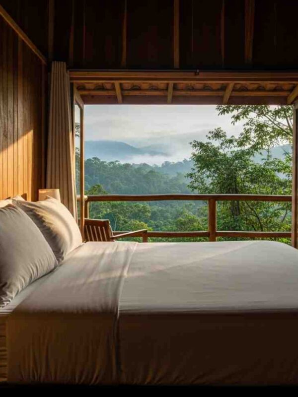 Cama cómoda en un lodge del tour Inka Jungle Premium, con vistas a la selva peruana