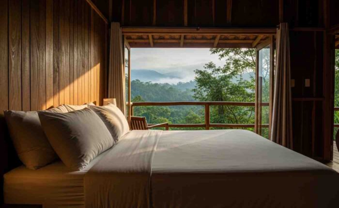 Cama cómoda en un lodge del tour Inka Jungle Premium, con vistas a la selva peruana