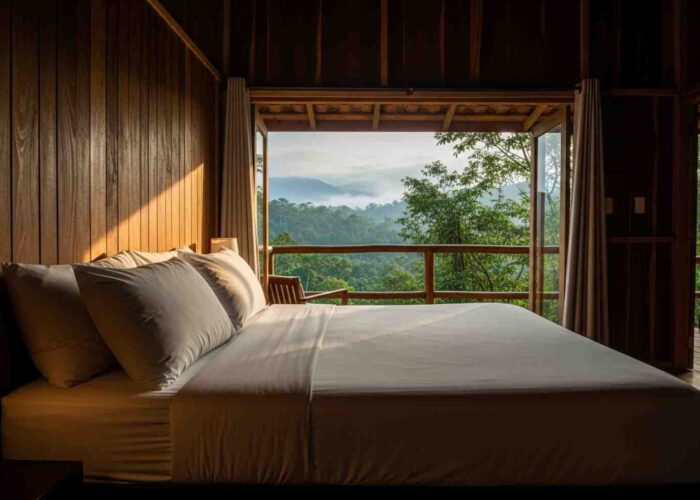 Cama cómoda en un lodge del tour Inka Jungle Premium, con vistas a la selva peruana