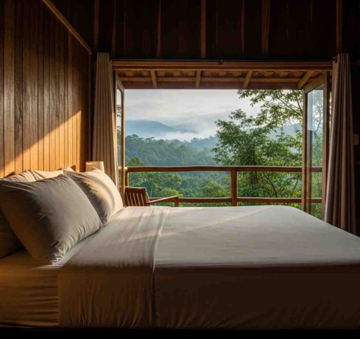 Cama cómoda en un lodge del tour Inka Jungle Premium, con vistas a la selva peruana