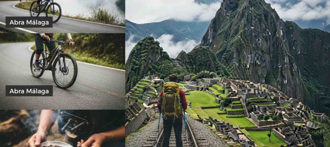 Un collage de aventura que muestra las etapas clave del Inka Jungle Tour: un ciclista en la niebla, el tueste de café en la selva y un caminante en ruta a Machu Picchu.