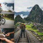 Un collage de aventura que muestra las etapas clave del Inka Jungle Tour: un ciclista en la niebla, el tueste de café en la selva y un caminante en ruta a Machu Picchu.