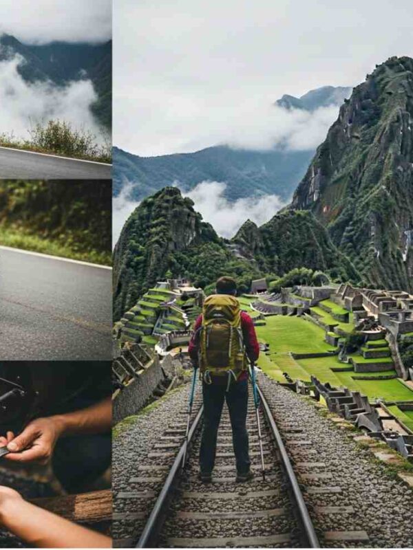 Un collage de aventura que muestra las etapas clave del Inka Jungle Tour: un ciclista en la niebla, el tueste de café en la selva y un caminante en ruta a Machu Picchu.