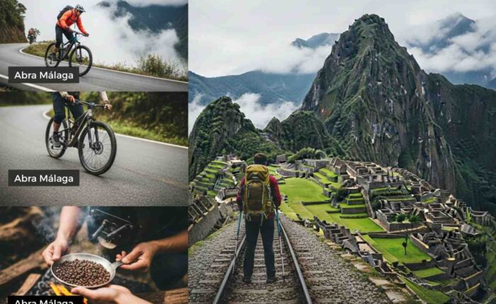 Un collage de aventura que muestra las etapas clave del Inka Jungle Tour: un ciclista en la niebla, el tueste de café en la selva y un caminante en ruta a Machu Picchu.