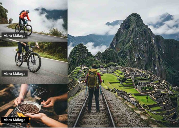 Un collage de aventura que muestra las etapas clave del Inka Jungle Tour: un ciclista en la niebla, el tueste de café en la selva y un caminante en ruta a Machu Picchu.