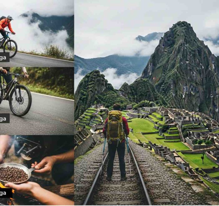 Un collage de aventura que muestra las etapas clave del Inka Jungle Tour: un ciclista en la niebla, el tueste de café en la selva y un caminante en ruta a Machu Picchu.