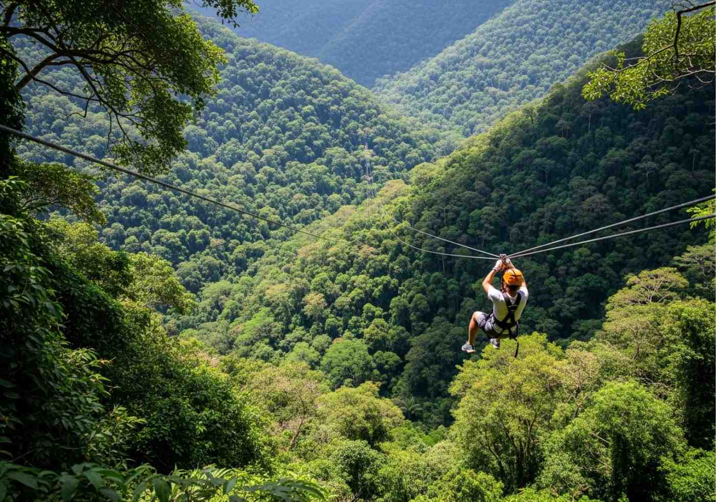Un viajero viviendo la aventura del Inka Jungle Tour, cruzando un valle en zipline a gran altura sobre la selva peruana