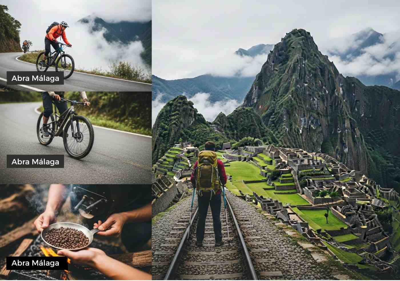 Un collage de aventura que muestra las etapas clave del Inka Jungle Tour: un ciclista en la niebla, el tueste de café en la selva y un caminante en ruta a Machu Picchu.