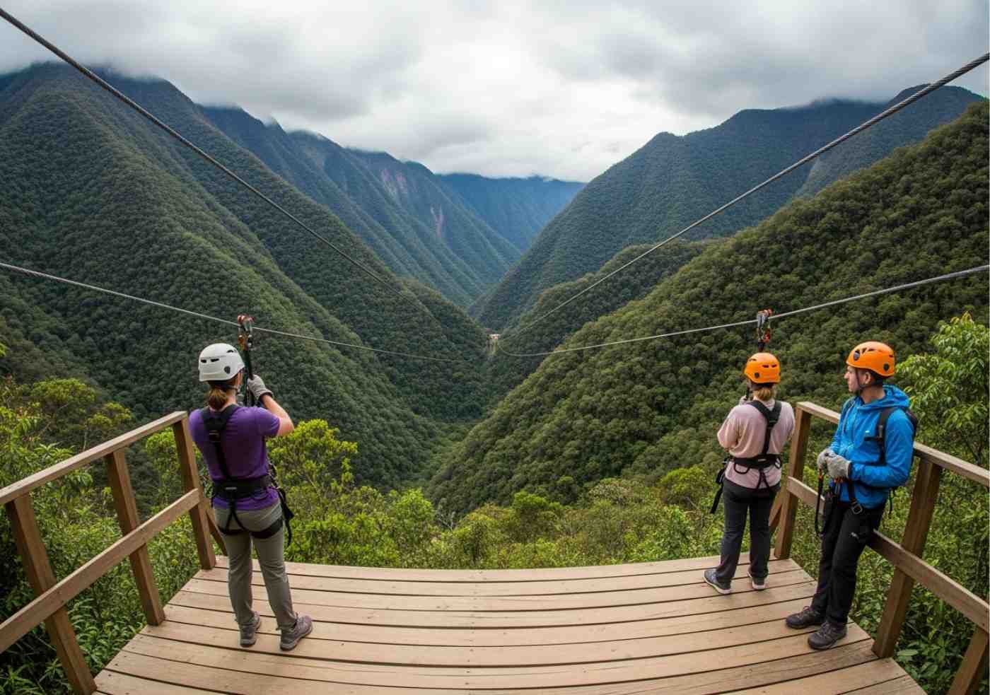 Vista panorámica desde la plataforma de lanzamiento del Inka Jungle Trail zipline, mostrando los cables extendiéndose sobre el valle