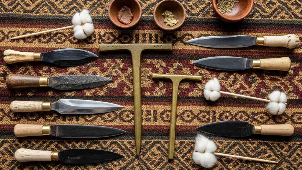 Instrumental quirúrgico de la cultura Paracas, incluyendo cuchillos de obsidiana y tumis de bronce, utilizados para realizar trepanaciones craneanas.