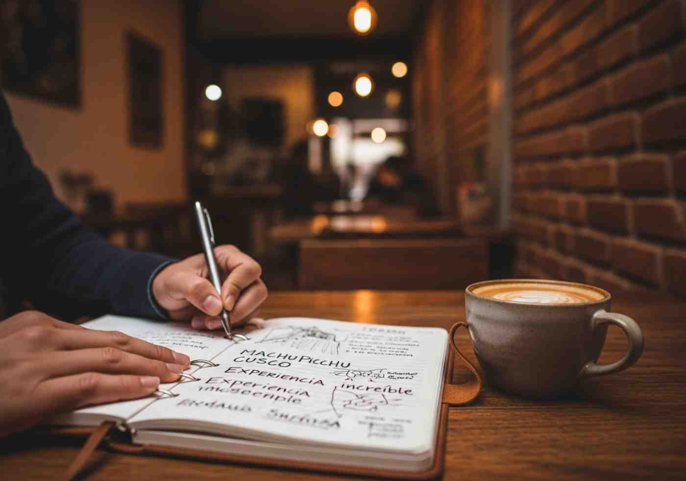 Una persona escribiendo en un diario de viaje en un café de Cusco, en el proceso de integración de su experiencia post-Machu Picchu