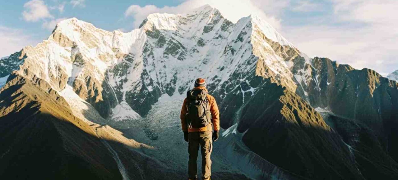 Un aventurero solitario mirando el imponente Apu Salkantay, ilustrando la verdad incómoda sobre el Camino Inca