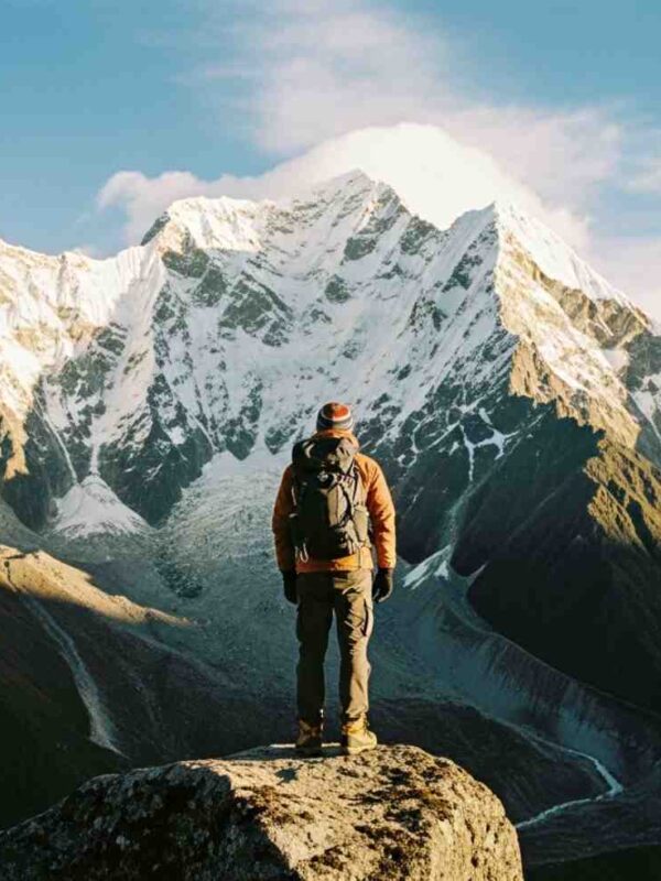 Un aventurero solitario mirando el imponente Apu Salkantay, ilustrando la verdad incómoda sobre el Camino Inca