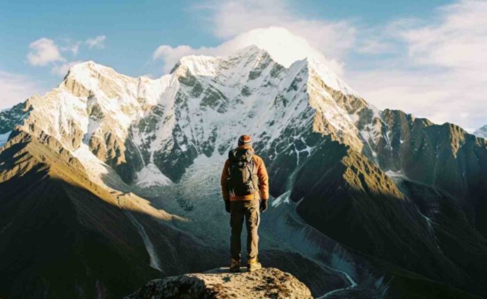 Un aventurero solitario mirando el imponente Apu Salkantay, ilustrando la verdad incómoda sobre el Camino Inca