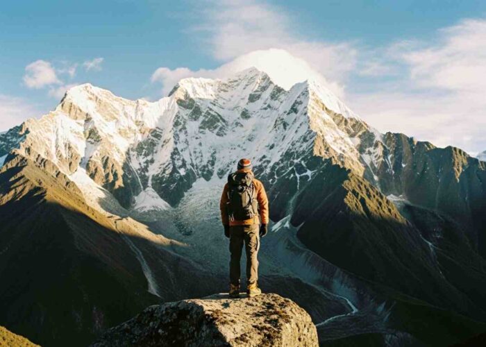 Un aventurero solitario mirando el imponente Apu Salkantay, ilustrando la verdad incómoda sobre el Camino Inca