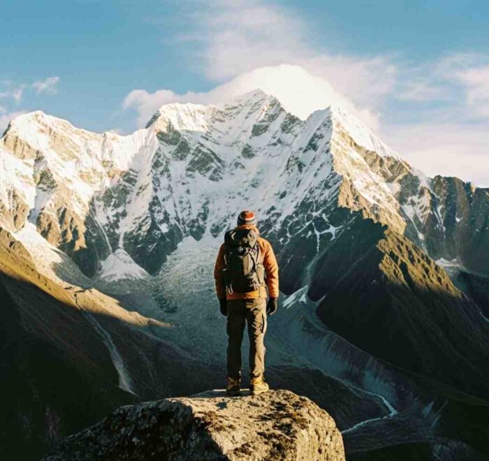 Un aventurero solitario mirando el imponente Apu Salkantay, ilustrando la verdad incómoda sobre el Camino Inca