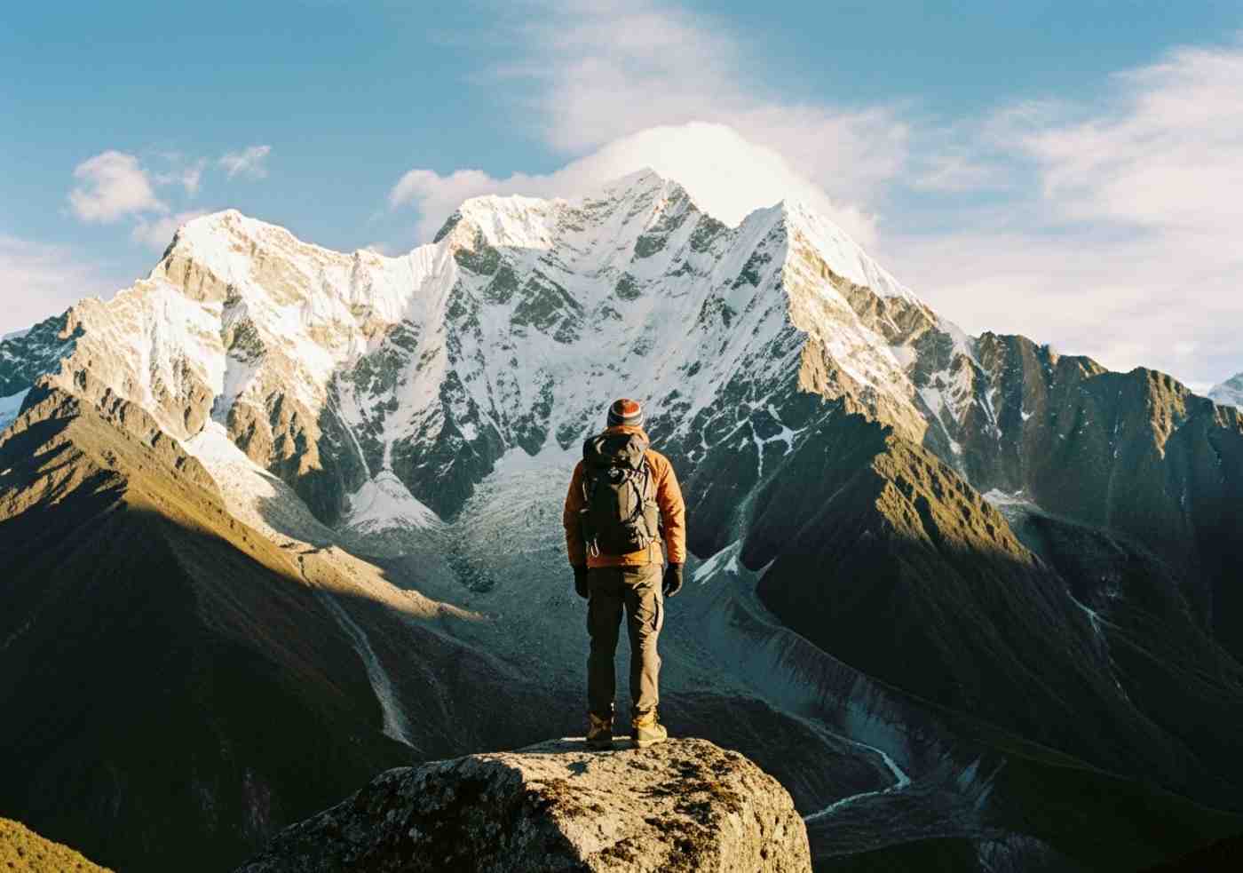 Un aventurero solitario mirando el imponente Apu Salkantay, ilustrando la verdad incómoda sobre el Camino Inca