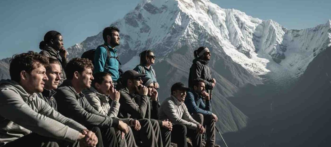Un grupo de excursionistas descansando con el pico nevado del Salkantay al fondo, ilustrando el desafío del mal de altura en el Salkantay Trek