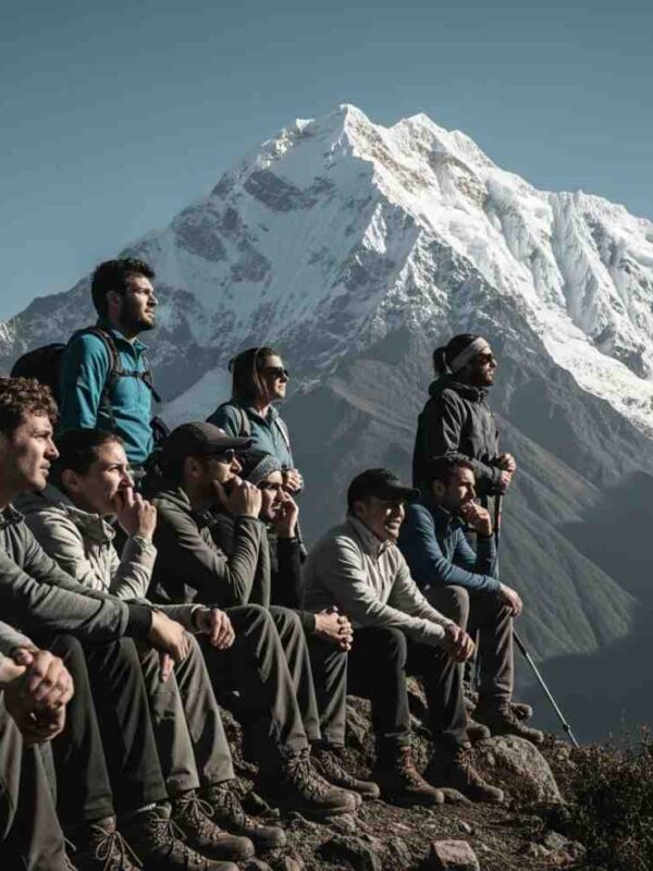 Un grupo de excursionistas descansando con el pico nevado del Salkantay al fondo, ilustrando el desafío del mal de altura en el Salkantay Trek