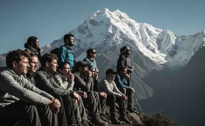 Un grupo de excursionistas descansando con el pico nevado del Salkantay al fondo, ilustrando el desafío del mal de altura en el Salkantay Trek