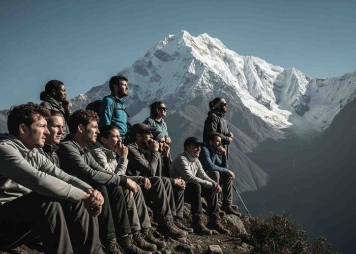 Un grupo de excursionistas descansando con el pico nevado del Salkantay al fondo, ilustrando el desafío del mal de altura en el Salkantay Trek