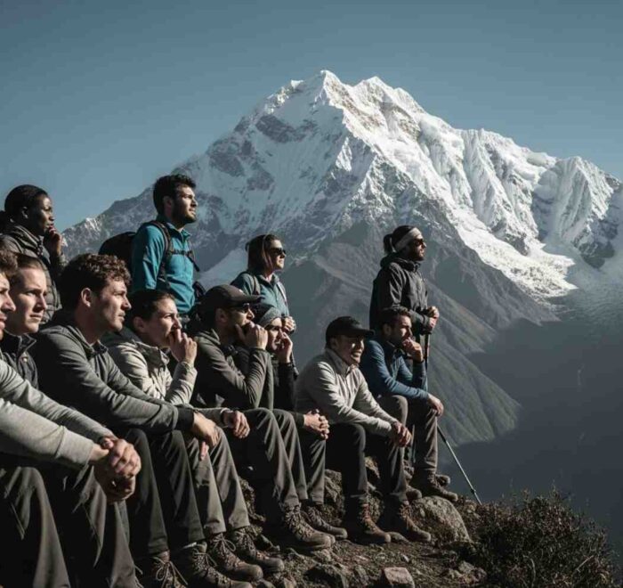 Un grupo de excursionistas descansando con el pico nevado del Salkantay al fondo, ilustrando el desafío del mal de altura en el Salkantay Trek