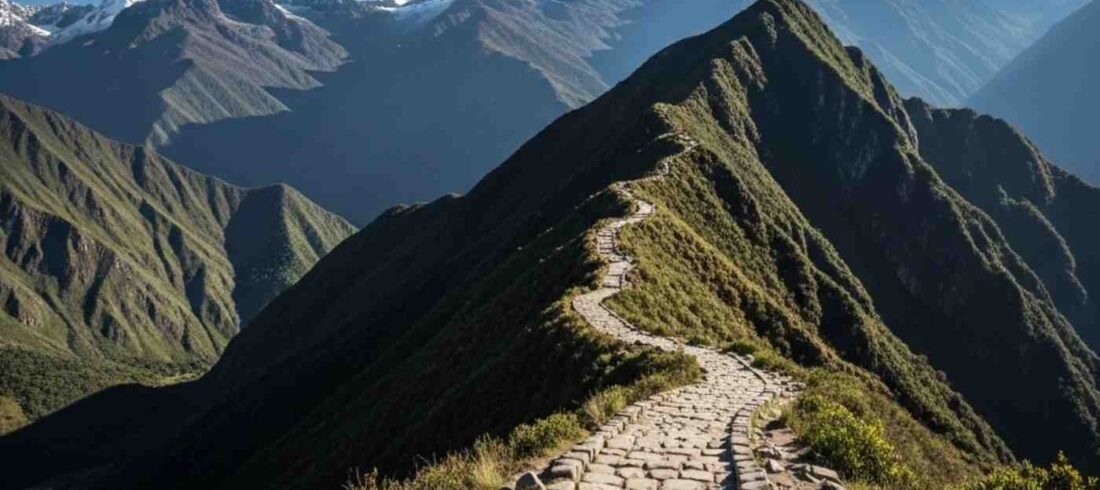 Un sendero de piedra del Camino Inca serpenteando hacia un paso de montaña bajo un cielo azul despejado, ilustrando la mejor época para hacer el Camino Inca