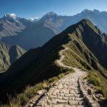 Un sendero de piedra del Camino Inca serpenteando hacia un paso de montaña bajo un cielo azul despejado, ilustrando la mejor época para hacer el Camino Inca