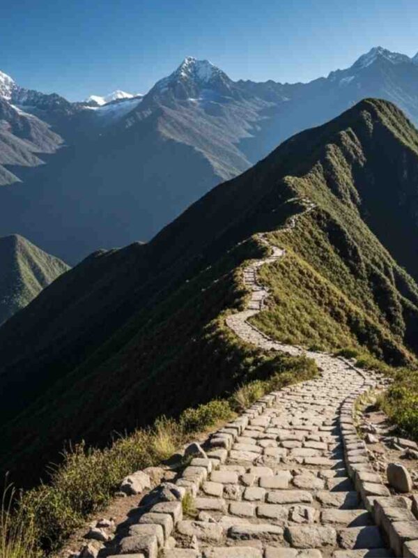 Un sendero de piedra del Camino Inca serpenteando hacia un paso de montaña bajo un cielo azul despejado, ilustrando la mejor época para hacer el Camino Inca