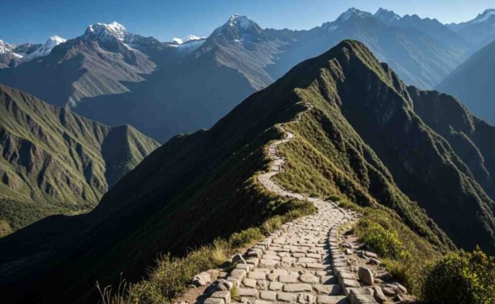 Un sendero de piedra del Camino Inca serpenteando hacia un paso de montaña bajo un cielo azul despejado, ilustrando la mejor época para hacer el Camino Inca
