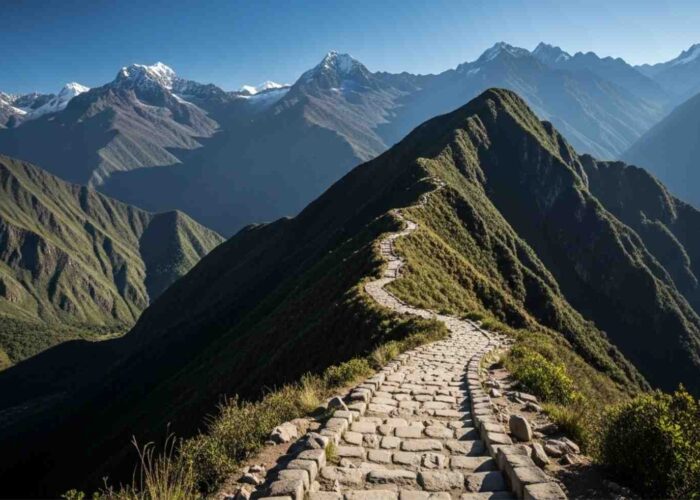 Un sendero de piedra del Camino Inca serpenteando hacia un paso de montaña bajo un cielo azul despejado, ilustrando la mejor época para hacer el Camino Inca