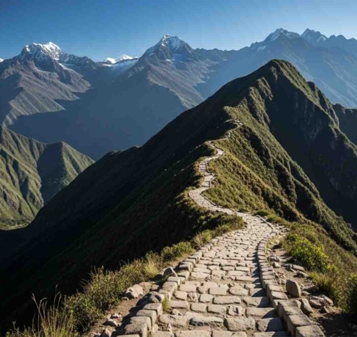 Un sendero de piedra del Camino Inca serpenteando hacia un paso de montaña bajo un cielo azul despejado, ilustrando la mejor época para hacer el Camino Inca