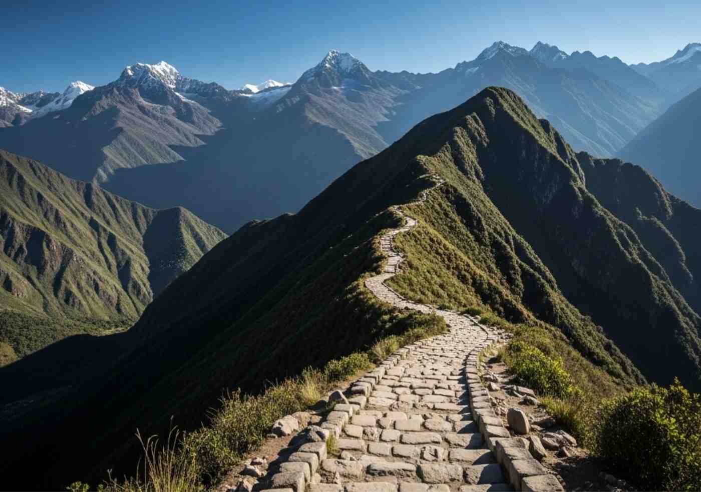 Un sendero de piedra del Camino Inca serpenteando hacia un paso de montaña bajo un cielo azul despejado, ilustrando la mejor época del año para hacer el Camino Inca